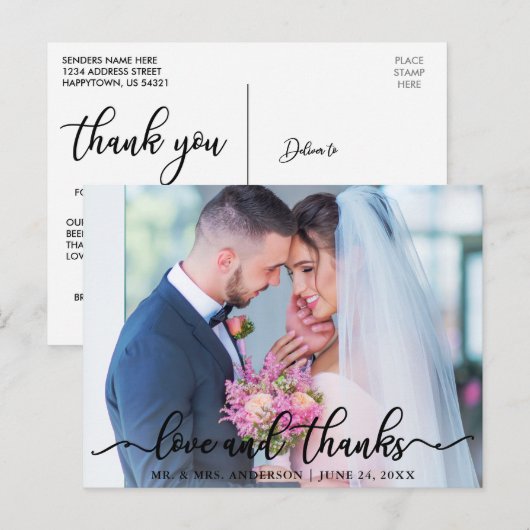 Elegante Liefde en Dank Scriptuur Trouwfoto Zwart Briefkaart (Voorkant / Achterkant)