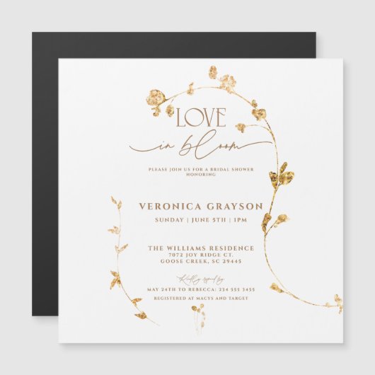 Elegante liefde in bloei gouden bloemig Vrijgezell Magnetische Uitnodiging (Voorkant / Achterkant)