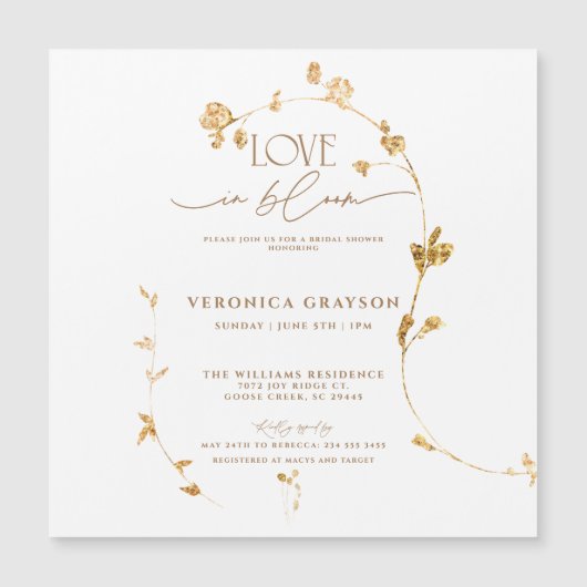 Elegante liefde in bloei gouden bloemig Vrijgezell Magnetische Uitnodiging (Voorkant)