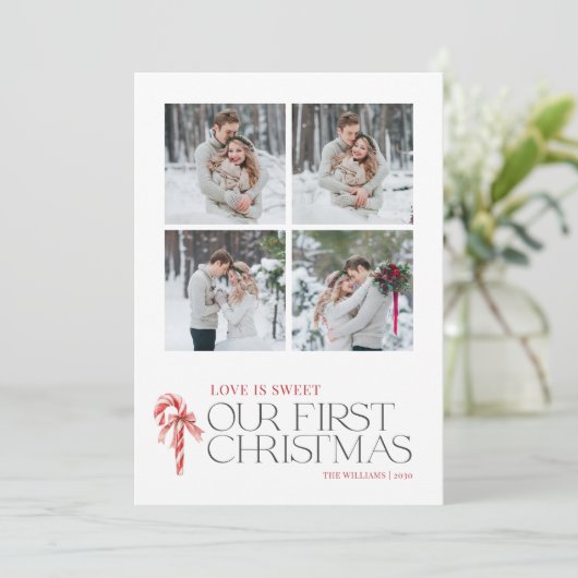 Elegante liefde is lief eerste kerst rood 4 foto feestdagenkaart (Staand voorkant)