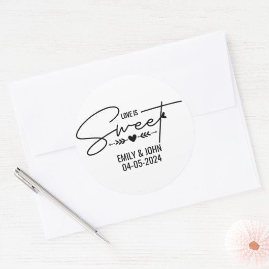 Elegante liefde is zoete hart kalligrafie bruiloft ronde sticker (Envelop)