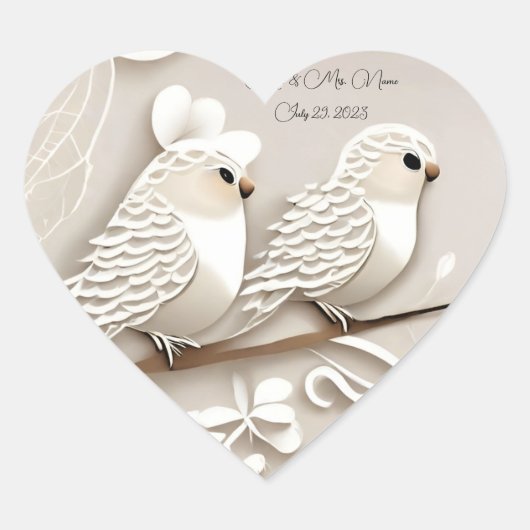 Elegante liefde vogels taupe & witte bruiloft stic hart sticker (Voorkant)