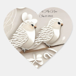 Elegante liefde vogels taupe & witte bruiloft stic hart sticker