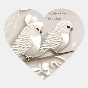 Elegante liefde vogels taupe & witte bruiloft stic hart sticker