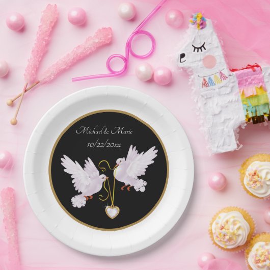 elegante liefdesduiven toevoegen naamdatum Weddens Papieren Bordje (Feest)