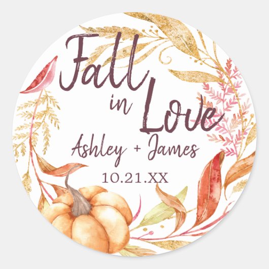 Elegante Liefdeval Herfst Bruiloft Monogram Ronde Sticker (Voorkant)