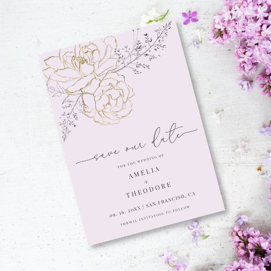 Elegante Lijn Bloemen Lila Bruiloft Save the Date Kaart