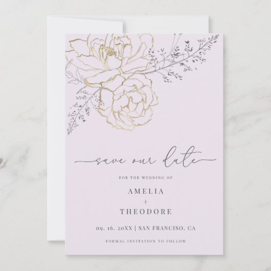 Elegante Lijn Bloemen Lila Bruiloft Save the Date Kaart (Voorkant)