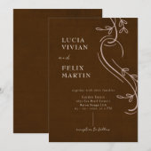 Elegante lijn Bloemen Linnen Espresso Bruin Bruilo Kaart (Voorkant / Achterkant)