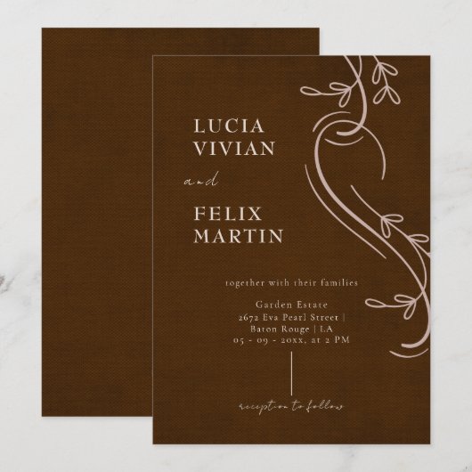 Elegante lijn Bloemen Linnen Espresso Bruin Bruilo Kaart (Voorkant / Achterkant)