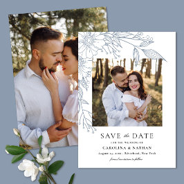 Elegante lijn getekend bloemenblauw 2 foto bruilof save the date