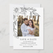 Elegante lijn getekend bloemenzwart 2 foto bruilof save the date (Voorkant)