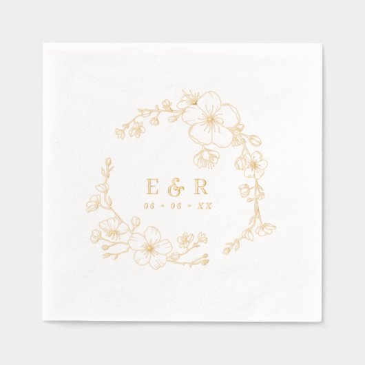 Elegante lijn getrokken bloesems Monogram bruiloft Folie Servetten (Voorkant)
