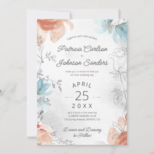 Elegante lijn kunst botanische bloemen bruiloft kaart (Voorkant)