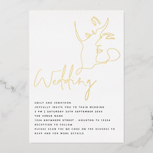 Elegante Lijn Kunst Gezichten QR Bruiloft Echt Fol Folie Uitnodiging (Voorkant)