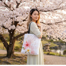 Elegante Lijnkunst Vrouw met Tropische Bloemen – M Tote Bag