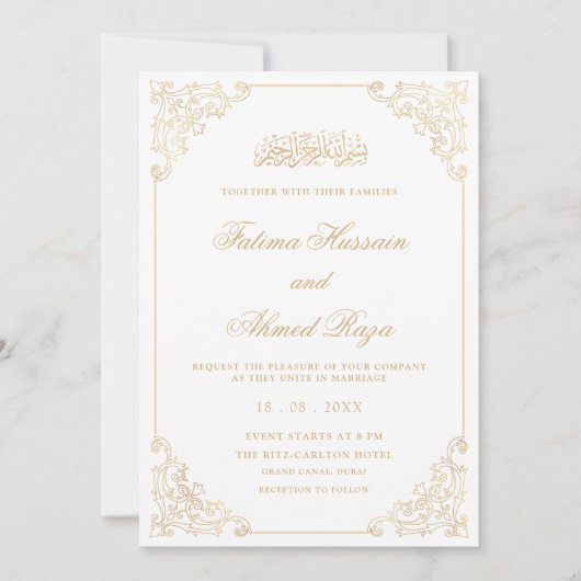 Elegante  Lijst Gold Script Moslim bruiloft Kaart (Voorkant)