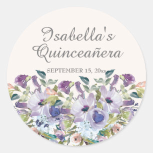Elegante lila blauwe bloemige Quinceañera naam dat Ronde Sticker