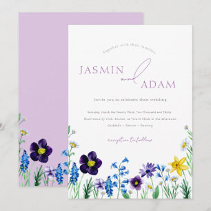 Elegante Lila Blauwe Wilde Bloem Monogram Huwelijk Kaart