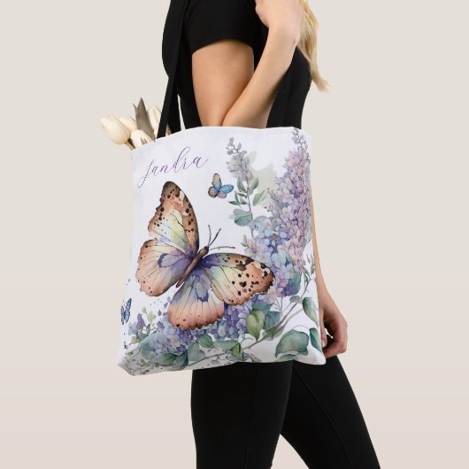 Elegante lila bloemen en vlinder tote bag (Dichtbij)