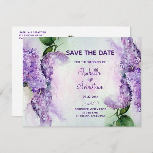 Elegante Lila bloemenbruiloft Save the Date Aankondigingskaart (Voorkant / Achterkant)