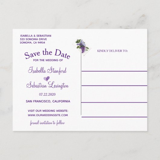 Elegante Lila bloemenbruiloft Save the Date Aankondigingskaart (Achterkant)