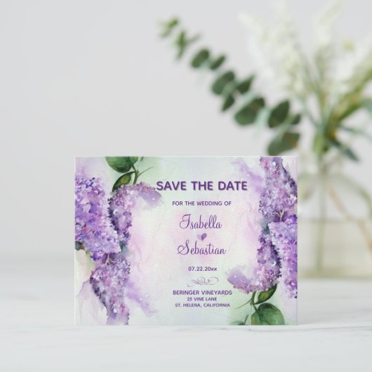 Elegante Lila bloemenbruiloft Save the Date Aankondigingskaart (Staand voorkant)