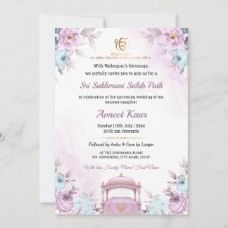 Elegante lila bloemige Sukhmani Sahib Path uitnodi Kaart