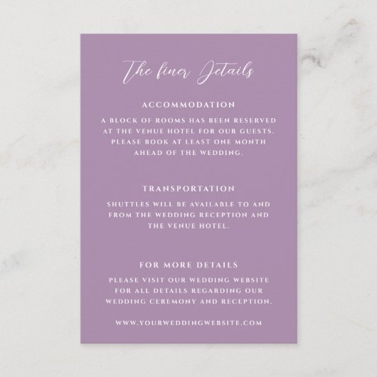 Elegante Lila bruiloft details Informatiekaartje (Voorkant)
