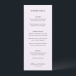 Elegante Lila bruiloft Menu<br><div class="desc">Modern huwelijksmenu met een eenvoudig en minimaal ontwerp met uw namen in een eigentijds handgeschreven script. Het kleurenpalet is lavendel / paarse en kan worden gewijzigd in het ontwerpbewerkingshulpmiddel. Dit eigentijdse ontwerp werkt goed voor elke stijl van bruiloft.</div>