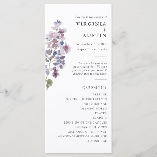 Elegante Lila bruiloft Programmakaart (Voorkant)