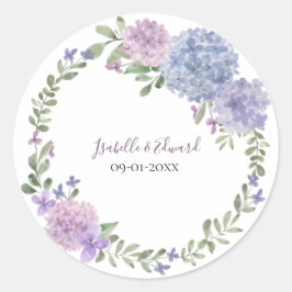 Elegante Lila Dusty Blue Waterverf Bloemenbruiloft Ronde Sticker