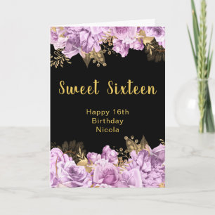 Elegante lila en gouden bloemen Sweet Sixteen Kaart