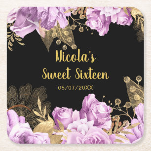 Elegante lila en gouden bloemen Sweet Sixteen Kartonnen Onderzetters