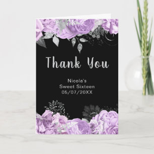 Elegante lila en zilveren bloemen Sweet Sixteen Bedankkaart