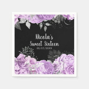 Elegante lila en zilveren bloemen Sweet Sixteen Servet