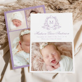 Elegante Lila Floral Crest Monogram 4 Foto Geboort Aankondiging