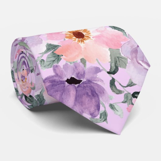 Elegante Lila Floral Waterverf bruiloft Stropdas (Opgerold)