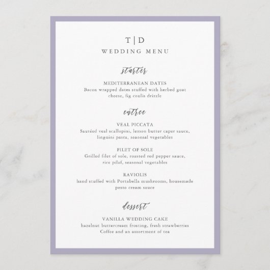 Elegante Lila Monogram Moderne bruiloft Menu (Voorkant)