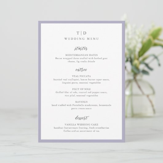Elegante Lila Monogram Moderne Trouwdag Menu (Staand voorkant)