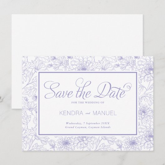 Elegante Lila Paarse Bloemen Toile Wedding Save The Date (Voorkant / Achterkant)