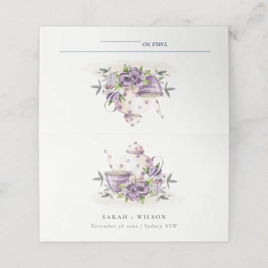 Elegante Lila Paarse bloementheepot Cup Bruiloft Plaatskaartje (Buitenkant ongevouwen)