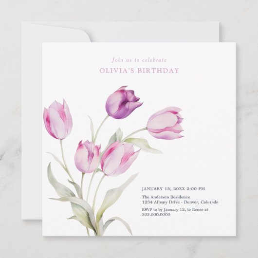 Elegante lila paarse bloemige watercolor tulpen kaart (Voorkant)