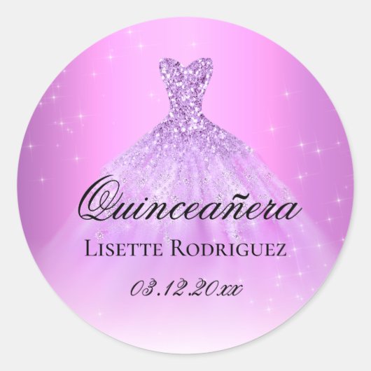 Elegante lila paarse gepersonaliseerde Quinceanera Ronde Sticker (Voorkant)