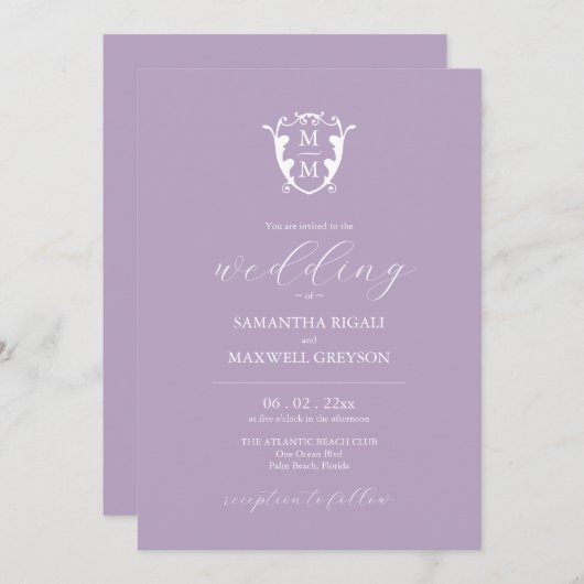 Elegante Lila Paarse Monogram Bruiloft Uitnodiging (Voorkant / Achterkant)