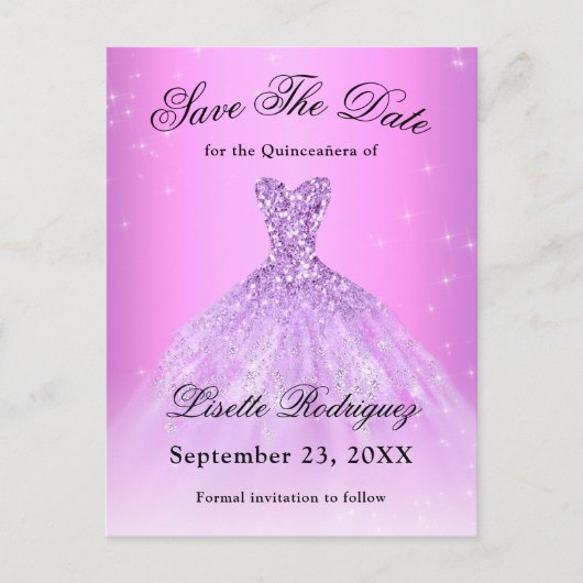 Elegante lila paarse Quinceanera Save The Date Briefkaart (Voorkant)
