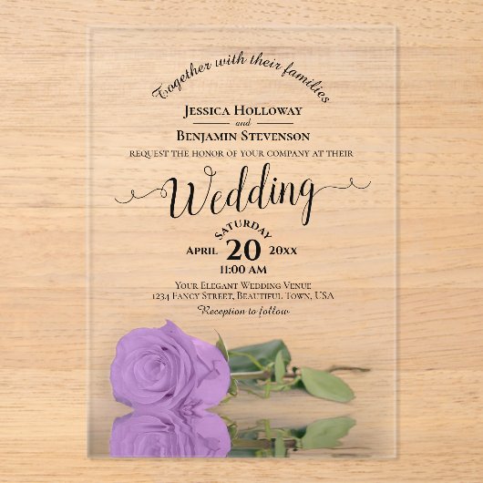 Elegante Lila Paarse Roos Lacy Calligrafie Wedding Acryl Uitnodigingen (Voorkant)