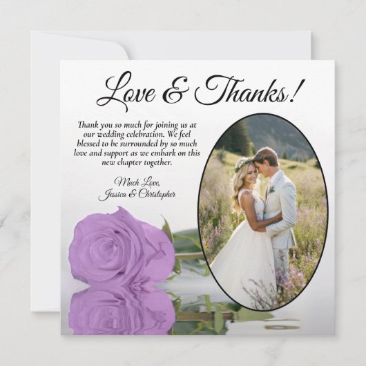 Elegante lila paarse roos met ovale fotolijst brui bedankkaart (Voorkant)