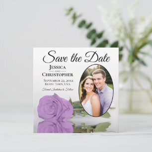 Elegante Lila Paarse Roos & Ovale Foto Trouwkaart Save The Date