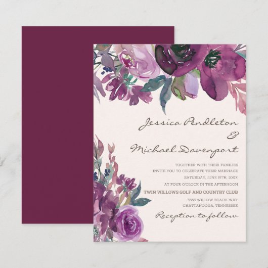 Elegante Lila Pr Plum Paarse Bloem Script Bruiloft Kaart (Voorkant / Achterkant)